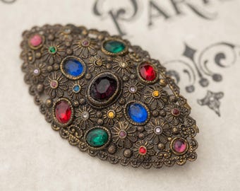 Vintage Czech Glass Filigree Multicolor Brooch Floral Estate Jewelry