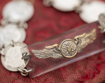 Vintage Military Sweetheart Lucite Coin Link Bracelet Silver Tone Estate Jewelry