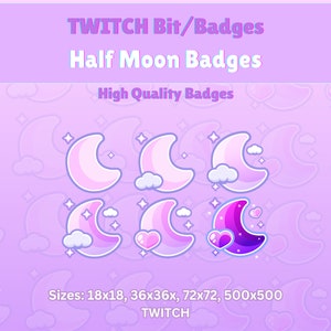 Pink MOON Bit Badges, Half Moon Collection twitch, Pink sub badge, Warm colors emotes, Moon sub badges, pink sub badges