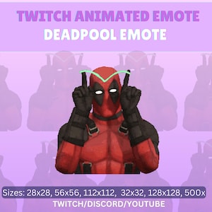 May include: Animated Twitch emote featuring Deadpool, a superhero character, with red and black costume, making a peace sign gesture with both hands. The emote is available in various sizes: 28x28, 56x56, 112x112, 32x32, 128x128, and 500x. The text "TWITCH/DISCORD/YOUTUBE" is displayed below the emote.