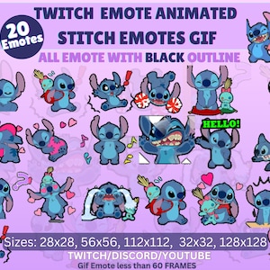 Paquete de gestos animados de STITCH, 20 gestos de Stitch, gesto animado de Stitch, paquete de gestos animados de Twitch/Discord, paquete de gestos lindos de Stitch