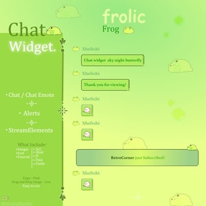 Può includere: Un'illustrazione di rana verde con il testo "frolic Frog" sopra. L'immagine include anche un widget di chat verde con il testo "Chat widget sky night butterfly" e "Thank you for viewing!" in una casella bianca. Il testo "RetroCorner just Subscribed!" è in una casella bianca con un'illustrazione di rana verde sul lato destro.