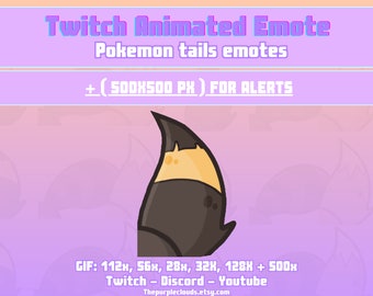 Puede incluir: Emote animado de Twitch con una cola de Pokémon marrón y naranja. El emote está disponible en varios tamaños, incluyendo 112x, 56x, 28x, 32x, 128x y 500x. El texto "Twitch Animated Emote" y "Pokemon tails emotes" se muestra en la parte superior de la imagen. El texto "+ (500X500 PX) FOR ALERTS" se muestra debajo del título. El texto "GIF: 112x, 56x, 28x, 32x, 128x + 500x" se muestra en la parte inferior de la imagen. El texto "Twitch - Discord - Youtube" se muestra debajo de los tamaños GIF. El texto "Thepurpleclouds.etsy.com" se muestra en la parte inferior de la imagen.