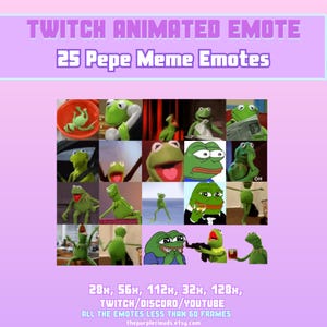 Puede incluir: Un collage de 25 emojis animados de Pepe meme en varias poses y expresiones. Los emojis están en un formato de cuadrícula con un fondo rosa. El texto "TWITCH ANIMATED EMOTE" y "25 Pepe Meme Emotes" está en la parte superior de la imagen. El texto "28н, 56к, 112к, 32х, 128к, TWITCH/DISCORD/YOUTUBE ALL THE EMOTES LESS THAN 50 FRAMES thepurpleclouds.etsy.com" está en la parte inferior de la imagen.