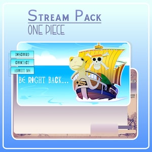 May include: A blue and white digital overlay with the text "Stream Pack One Piece" and a cartoon image of a pirate ship with a skull and crossbones flag. The text "Be Right Back..." is also visible.