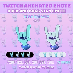 May include: Animated Twitch emote of a blue hand making the rock and roll sign. The emote is 12 frames long and comes in various sizes, including 720x, 112x, 56x, 28x, 32x, and 128x. The emote is suitable for Twitch, Discord, and YouTube.