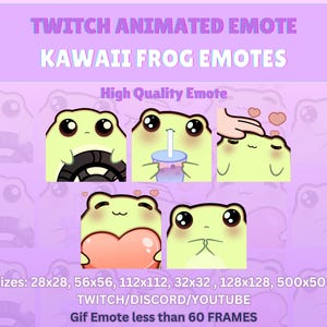 Op de afbeelding: Geanimeerde Twitch-emotes met een schattige groene kikker met verschillende uitdrukkingen. De emotes zijn beschikbaar in verschillende formaten, waaronder 28x28, 56x56, 112x112, 32x32, 128x128 en 500x500 pixels. De emotes zijn geschikt voor gebruik op Twitch, Discord en YouTube. De tekst "Gif Emote less than 60 FRAMES" is ook in de afbeelding opgenomen.