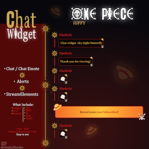 May include: A digital illustration of a chat widget with the text "Chat widget sky night butterfly" and "Thank you for viewing!" in a red and black color scheme. The illustration is styled with a One Piece theme, featuring the character Luffy and the text "ONE PIECE".