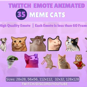 May include: A collection of 35 animated Twitch emotes featuring meme cats. The emotes are in various poses and expressions, including a cat with a surprised look, a cat with a grumpy expression, and a cat with a playful look. The emotes are designed for use on Twitch, Discord, and YouTube.