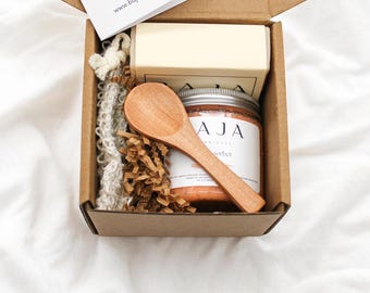 Natural Spa Gift Box Artisan Soap, Body Scrub,  Exfoliating Bag | Self care spa gift box | Gift for her Gift basket Corporate Gift
