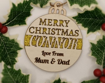 Personalised Custom Christmas Bauble Decoration - 3D glitter effect colours. Personalise with wording of your choice.