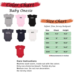 May include: Color chart for baby onesies in various colors, including athletic heather, pink, black, heather dark grey, navy, white, and red. Size chart for infant fine jersey bodysuit with sizes NB, 6M, 12M, 18M, and 24M, with corresponding chest and height measurements in inches.