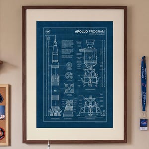 Peut inclure: Une affiche de plan encadrée intitulée APOLLO PROGRAM présentant des dessins techniques au trait de la fusée Saturn V et du module lunaire en encre blanche sur fond bleu foncé, dans un cadre en bois sombre avec une bordure passe-partout crème.