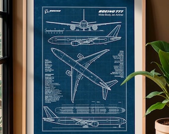 ボーイング777の設計図ポスタープリント。航空ポスター。飛行機