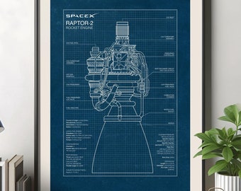 SpaceX Raptor-2 Engine Blueprint Poster, Rocket Engine Print, Aerospace Wall art (Digital Download)