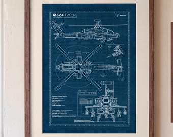 May include: A framed blueprint art print of an AH-64 Apache helicopter on a dark blue background. The technical drawing displays side, top, and front views with white line details, technical specifications, and the Boeing logo.