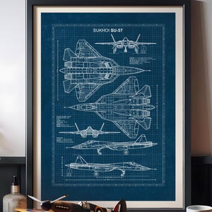 Sukhoi Su-57 Blueprint Poster, Russian Fighter Jet, Aircraft Wall Art, Military Aviation Gift, Aircraft Poster, Aviation Gift, Military Gift