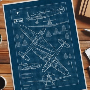 Messerschmitt BF-109, Blueprint, German Fighter Aircraft, WW2, Luftwaffe, Military Aviation, Aviation Gift, Military Gift, INSTANT DOWNLOAD