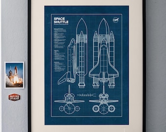 Può includere: Un poster con progetto tecnico dello Space Shuttle che presenta disegni al tratto, loghi NASA e specifiche dettagliate su uno sfondo blu scuro. La stampa mostra viste laterali, dall'alto e frontali del veicolo spaziale.