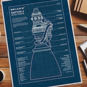 May include: A blue and white blueprint diagram of the SpaceX Raptor 3 rocket engine. The diagram shows the engine's components, including the combustion chamber, nozzle, and fuel injectors. The diagram also includes technical specifications, such as the engine's thrust, specific impulse, and chamber pressure.