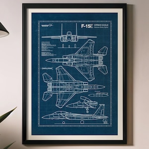 Póster con planos del F-15E Strike Eagle, arte mural de aviación, regalo de decoración militar (descarga digital)