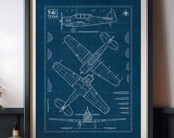 T6 Texan Blueprint Poster, WWII Aviation Wall Art (Digital Download)