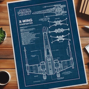 Póster con el plano del caza X-Wing: Arte mural de Star Wars, decoración para fanáticos de la ciencia ficción (Descarga digital)