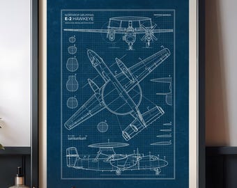 E-2 Hawkeye Blueprint Poster, Airborne Early Warning Aircraft, Aviation Wall Art (Instant Download)