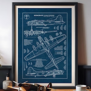 Póster con el plano del bombardero pesado B-17G Flying Fortress, arte mural de la Segunda Guerra Mundial, aviación militar (descarga instantánea)