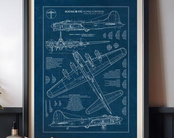 B-17G Flying Fortress Blueprint Poster, WW2 Heavy Bomber Wall Art, Military Aviation (Instant Download)