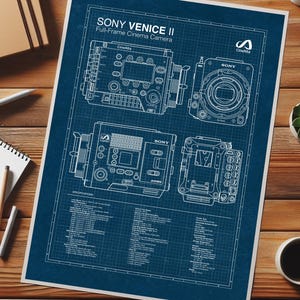 Sony Venice 2 poster bioscoopcamera blauwdruk, filmuitrusting muurkunst (digitale download)