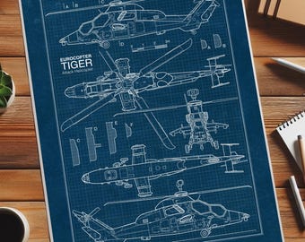 Eurocopter Tiger Blueprint Poster, Aviation Wall Art, Military Aircraft Decor (Digital Download)