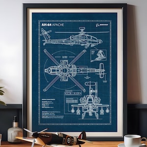 AH-64 Apache Blueprint Poster | Military Helicopter Wall Art | Aviation Print (Instant Download PDF JPG)
