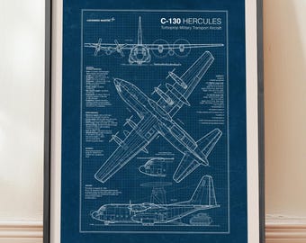 C-130 Hercules Blueprint Poster, Lockheed Martin Military Transport Aircraft, Aviation Wall Art (Instant Download)
