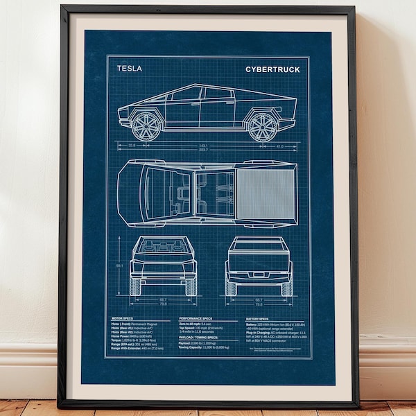 Tesla Cybertruck Blueprint Poster, Electric Pickup Wall Art (Digital Download)