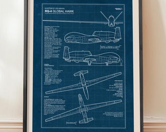 RQ-4 Global Hawk Blueprint Poster, Military Aviation Wall Art, Aircraft Print (Digital Download)