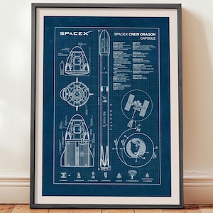 Spacex Crew Dragon Blueprint Poster, Space Theme Wall Art