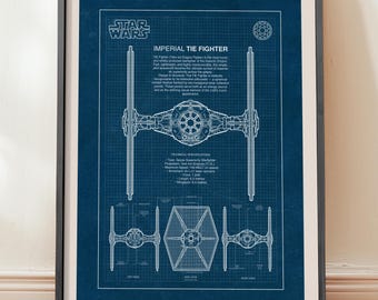 Imperial TIE Fighter Blueprint Poster, Star Wars Wall Art, Sci-Fi Movie Print, (Digital Download)