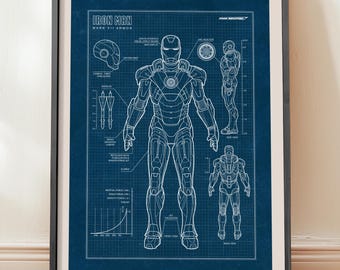 Iron Man Mark VII Blueprint, Superhero Sci-Fi Wall Art (Digital Download)