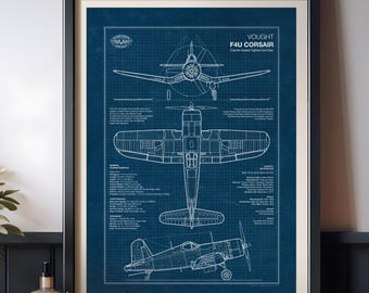 F4U Corsair Blueprint Poster, WW2 Carrier Aircraft Wall Art, Military Aviation, (Digital Download)
