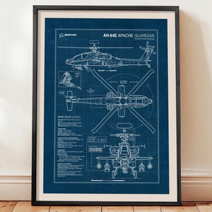 AH-64E Apache Guardian Blueprint Poster: Attack Helicopter Wall Art, Aviation Poster, Military Decor Gift (Digital Download)