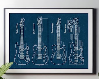 Fender Guitars, Blueprint Poster, Fender Stratocaster, Telecaster, Fender Jazz Bass, Guitar Poster, Instrument Poster, Gift for Music Lovers