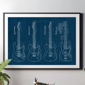 Fender Gitarren, Blueprint Poster, Fender Antocaster, Telecaster, Fender Jazz Bass, Gitarren Poster, Instrumenten Poster, Geschenk für Musikliebhaber