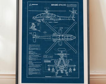 AH-64E Apache Guardian Blueprint Poster, Military Aviation Wall Art, Aircraft Print (Digital Download)