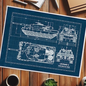 Leopard 2 MBT Blueprint Poster – German Tank Wall Art, Military Decor, Printable Technical Drawing, Army Gift for Veteran or Collector