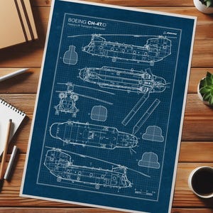 ボーイング CH-47 チヌークの設計図ポスター：軍用航空壁アート、航空機ポスター（デジタルダウンロード）