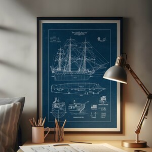 ヴィンテージ船、青写真ポスター、船、航海プリント、海事プリント、古い船、航海用ギフト、自宅用ギフト、即時ダウンロード
