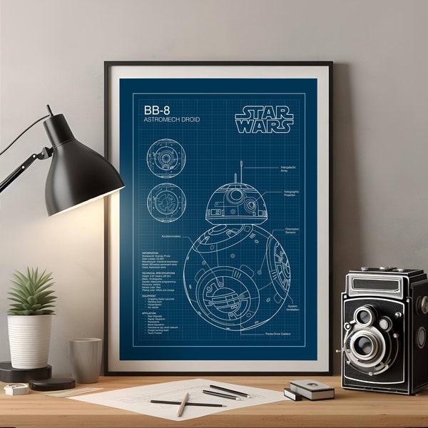 BB-8, Star Wars Print, Blueprint Poster, Home Office Decor, Living Room Decor, Printable Art, Digital Wall Art, Gift for Home