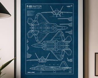 F-22 Raptor Blueprint Poster: Military Aircraft Wall Art, Aircraft print (Digital Download)