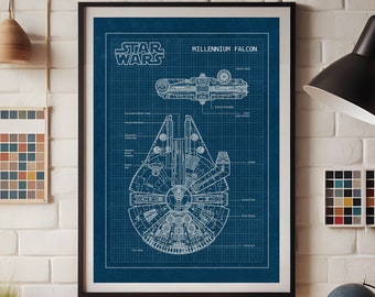 Millennium Falcon Blueprint, Star Wars Print, Star Wars Universe, Star Wars Gift, Star Wars Decor, Printable Star Wars Art, INSTANT DOWNLOAD